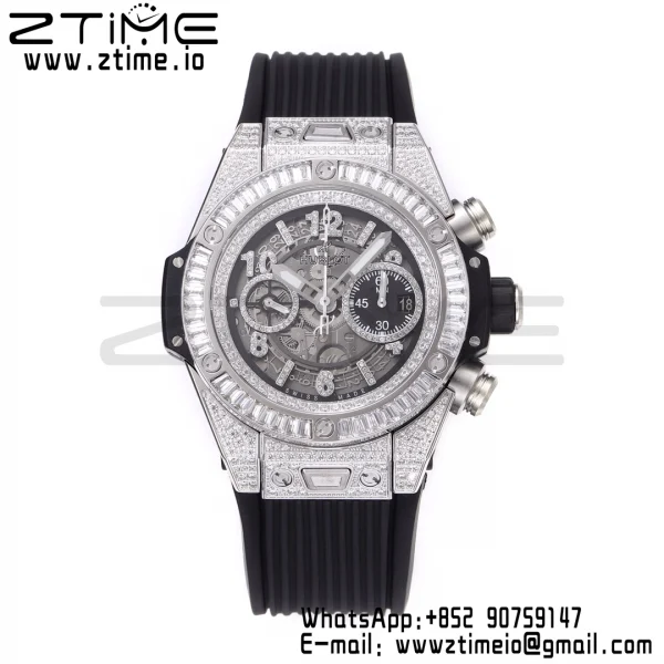 HUBLOT Big Bang Unico 44mm 421.NX.1170.RX Titanium Full Diamonds BBF 1:1 Best Edition Skeleton Dial T Diamonds Bezel on Black Rubber Strap A1280 V2 - Super Clone Watch | 1:1 Best Version