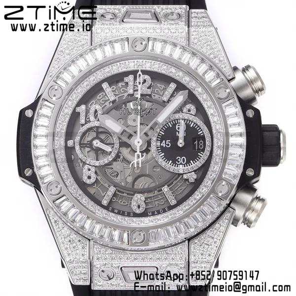 HUBLOT Big Bang Unico 44mm 421.NX.1170.RX Titanium Full Diamonds BBF 1:1 Best Edition Skeleton Dial T Diamonds Bezel on Black Rubber Strap A1280 V2 - Super Clone Watch | 1:1 Best Version