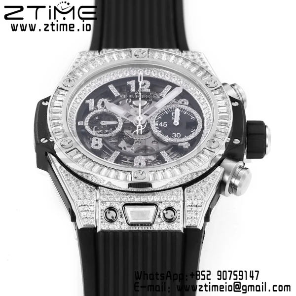 HUBLOT Big Bang Unico 44mm 421.NX.1170.RX Titanium Full Diamonds BBF 1:1 Best Edition Skeleton Dial T Diamonds Bezel on Black Rubber Strap A1280 V2 - Super Clone Watch | 1:1 Best Version