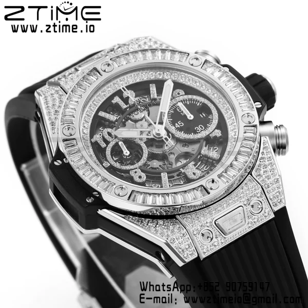 HUBLOT Big Bang Unico 44mm 421.NX.1170.RX Titanium Full Diamonds BBF 1:1 Best Edition Skeleton Dial T Diamonds Bezel on Black Rubber Strap A1280 V2 - Super Clone Watch | 1:1 Best Version