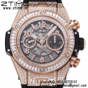 Hublot Big Bang Unico 421.OX.1180.RX.1104 RG Full Diamonds BBF 1:1 Best Edition Quadrante scheletrato T Lunetta con diamanti su cinturino in gomma nera A1280 - Orologio Super Clone | 1:1 Best Version