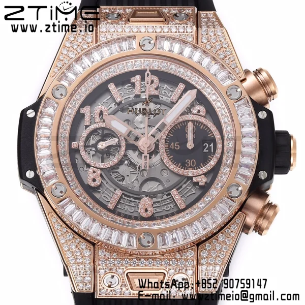 Hublot Big Bang Unico 421.OX.1180.RX.1104 RG Full Diamonds BBF 1:1 Best Edition Quadrante scheletrato T Lunetta con diamanti su cinturino in gomma nera A1280 - Orologio Super Clone | 1:1 Best Version