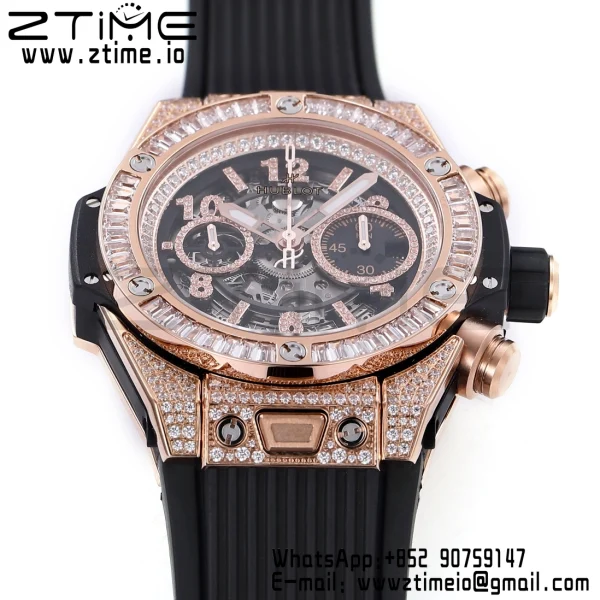 Hublot Big Bang Unico 421.OX.1180.RX.1104 RG Full Diamonds BBF 1:1 Best Edition Quadrante scheletrato T Lunetta con diamanti su cinturino in gomma nera A1280 - Orologio Super Clone | 1:1 Best Version