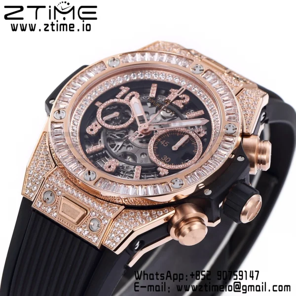 Hublot Big Bang Unico 421.OX.1180.RX.1104 RG Full Diamonds BBF 1:1 Best Edition Quadrante scheletrato T Lunetta con diamanti su cinturino in gomma nera A1280 - Orologio Super Clone | 1:1 Best Version