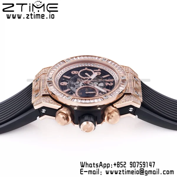 Hublot Big Bang Unico 421.OX.1180.RX.1104 RG Full Diamonds BBF 1:1 Best Edition Quadrante scheletrato T Lunetta con diamanti su cinturino in gomma nera A1280 - Orologio Super Clone | 1:1 Best Version