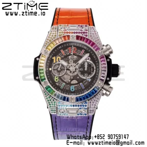 Hublot Big Bang Unico Rainbow King 44mm 441.NX.1117.LR.0999 SS Full Diamonds BBF 1:1 Best Edition Skeleton Dial  Diamonds Bezel on Rainbow Gummy Strap A1280 V2 - Super Clone Watch | 1:1 Best Version