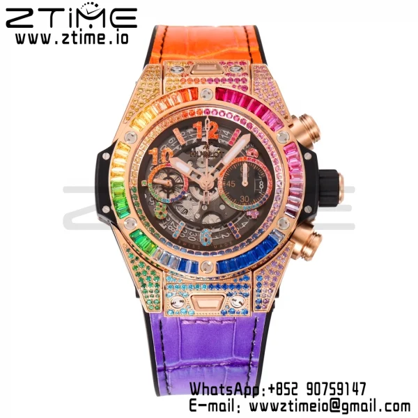Hublot Big Bang Unico Rainbow King 44mm 411.OX.9910.LR.0999  RG Full Diamonds BBF 1:1 Best Edition Skeleton Dial  Diamonds Bezel on Rainbow Gummy Strap A1280 V2 - Super Clone Watch | 1:1 Best Version