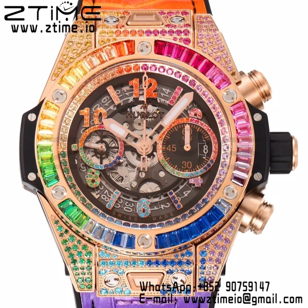 Hublot Big Bang Unico Rainbow King 44mm 411.OX.9910.LR.0999  RG Full Diamonds BBF 1:1 Best Edition Skeleton Dial  Diamonds Bezel on Rainbow Gummy Strap A1280 V2 - Super Clone Watch | 1:1 Best Version