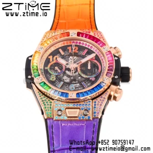 Hublot Big Bang Unico Rainbow King 44mm 411.OX.9910.LR.0999  RG Full Diamonds BBF 1:1 Best Edition Skeleton Dial  Diamonds Bezel on Rainbow Gummy Strap A1280 V2 - Super Clone Watch | 1:1 Best Version