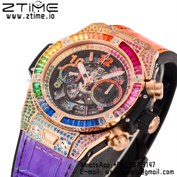Hublot Big Bang Unico Rainbow King 44mm 411.OX.9910.LR.0999  RG Full Diamonds BBF 1:1 Best Edition Skeleton Dial  Diamonds Bezel on Rainbow Gummy Strap A1280 V2 - Super Clone Watch | 1:1 Best Version