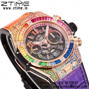 Hublot Big Bang Unico Rainbow King 44mm 411.OX.9910.LR.0999  RG Full Diamonds BBF 1:1 Best Edition Skeleton Dial  Diamonds Bezel on Rainbow Gummy Strap A1280 V2 - Super Clone Watch | 1:1 Best Version