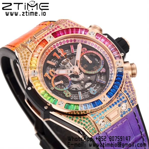 Hublot Big Bang Unico Rainbow King 44mm 411.OX.9910.LR.0999  RG Full Diamonds BBF 1:1 Best Edition Skeleton Dial  Diamonds Bezel on Rainbow Gummy Strap A1280 V2 - Super Clone Watch | 1:1 Best Version