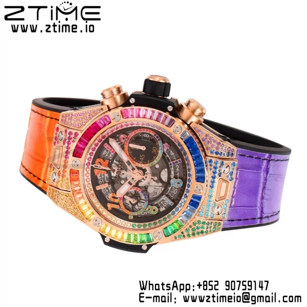 Hublot Big Bang Unico Rainbow King 44mm 411.OX.9910.LR.0999  RG Full Diamonds BBF 1:1 Best Edition Skeleton Dial  Diamonds Bezel on Rainbow Gummy Strap A1280 V2 - Super Clone Watch | 1:1 Best Version