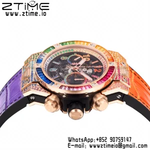 Hublot Big Bang Unico Rainbow King 44mm 411.OX.9910.LR.0999  RG Full Diamonds BBF 1:1 Best Edition Skeleton Dial  Diamonds Bezel on Rainbow Gummy Strap A1280 V2 - Super Clone Watch | 1:1 Best Version