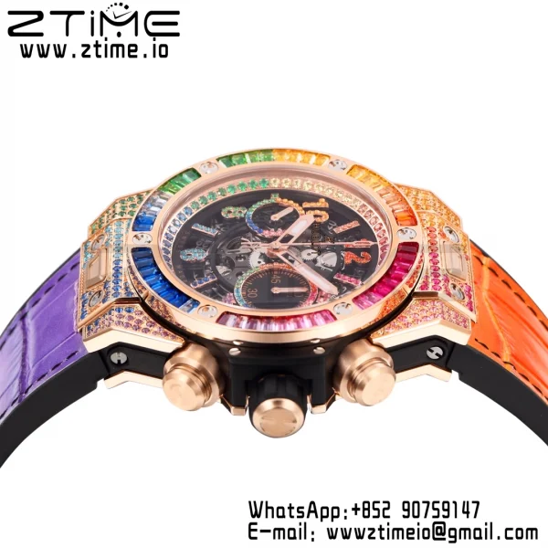 Hublot Big Bang Unico Rainbow King 44mm 411.OX.9910.LR.0999  RG Full Diamonds BBF 1:1 Best Edition Skeleton Dial  Diamonds Bezel on Rainbow Gummy Strap A1280 V2 - Super Clone Watch | 1:1 Best Version