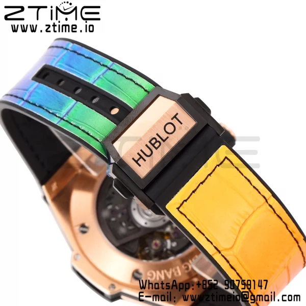 Hublot Big Bang Unico Rainbow King 44mm 411.OX.9910.LR.0999  RG Full Diamonds BBF 1:1 Best Edition Skeleton Dial  Diamonds Bezel on Rainbow Gummy Strap A1280 V2 - Super Clone Watch | 1:1 Best Version