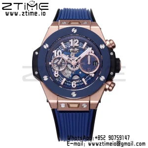 HUBLOT Big Bang Unico 42mm 441.OL.5181.RX RG BBF 1:1 Best Edition Skeleton Dial Black Ceramic Bezel on Blue Rubber Strap A1280 V2 - Super Clone Watch | 1:1 Best Version