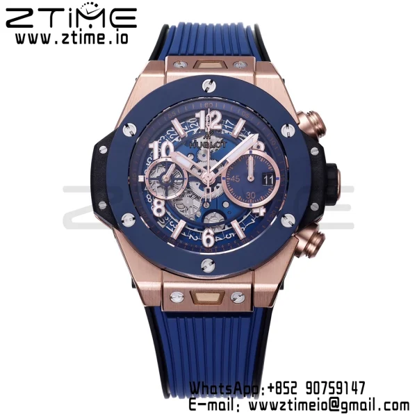 HUBLOT Big Bang Unico 42mm 441.OL.5181.RX RG BBF 1:1 Best Edition Skeleton Dial Black Ceramic Bezel on Blue Rubber Strap A1280 V2 - Super Clone Watch | 1:1 Best Version