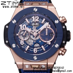 HUBLOT Big Bang Unico 42mm 441.OL.5181.RX RG BBF 1:1 Best Edition Skeleton Dial Black Ceramic Bezel on Blue Rubber Strap A1280 V2 - Super Clone Watch | 1:1 Best Version