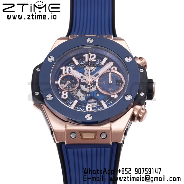 HUBLOT Big Bang Unico 42mm 441.OL.5181.RX RG BBF 1:1 Best Edition Skeleton Dial Black Ceramic Bezel on Blue Rubber Strap A1280 V2 - Super Clone Watch | 1:1 Best Version
