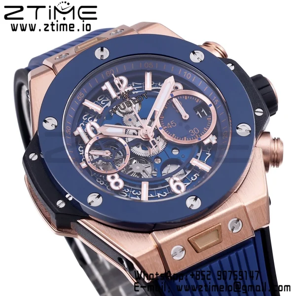 HUBLOT Big Bang Unico 42mm 441.OL.5181.RX RG BBF 1:1 Best Edition Skeleton Dial Black Ceramic Bezel on Blue Rubber Strap A1280 V2 - Super Clone Watch | 1:1 Best Version