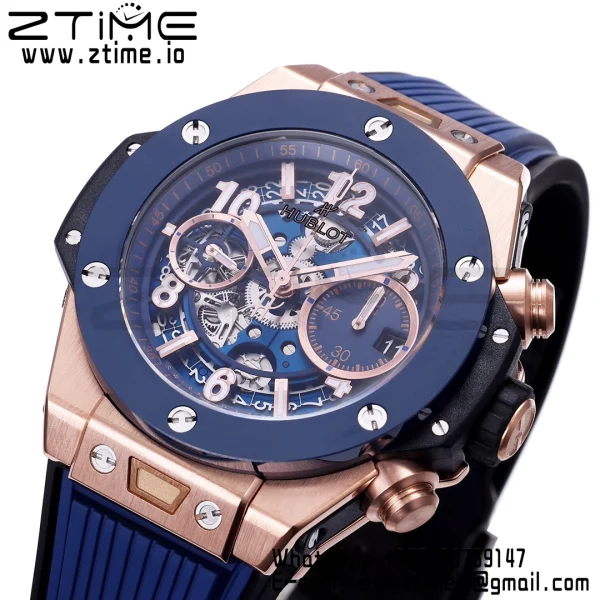 HUBLOT Big Bang Unico 42mm 441.OL.5181.RX RG BBF 1:1 Best Edition Skeleton Dial Black Ceramic Bezel on Blue Rubber Strap A1280 V2 - Super Clone Watch | 1:1 Best Version