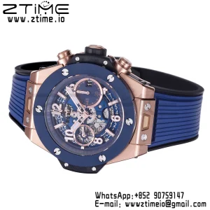 HUBLOT Big Bang Unico 42mm 441.OL.5181.RX RG BBF 1:1 Best Edition Skeleton Dial Black Ceramic Bezel on Blue Rubber Strap A1280 V2 - Super Clone Watch | 1:1 Best Version