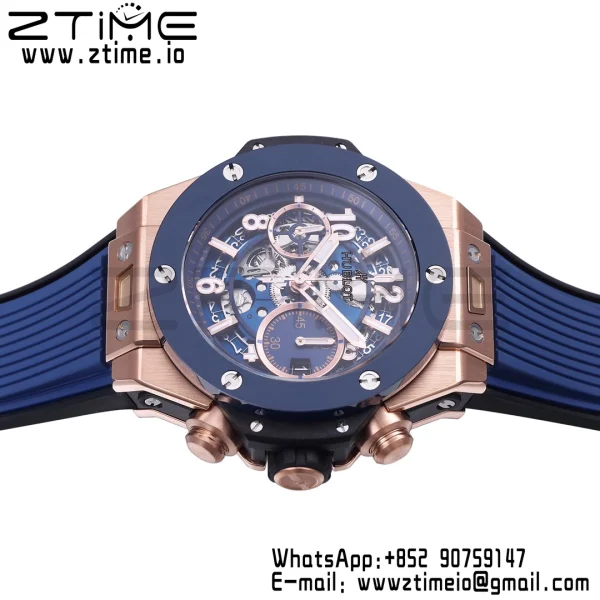 HUBLOT Big Bang Unico 42mm 441.OL.5181.RX RG BBF 1:1 Best Edition Skeleton Dial Black Ceramic Bezel on Blue Rubber Strap A1280 V2 - Super Clone Watch | 1:1 Best Version
