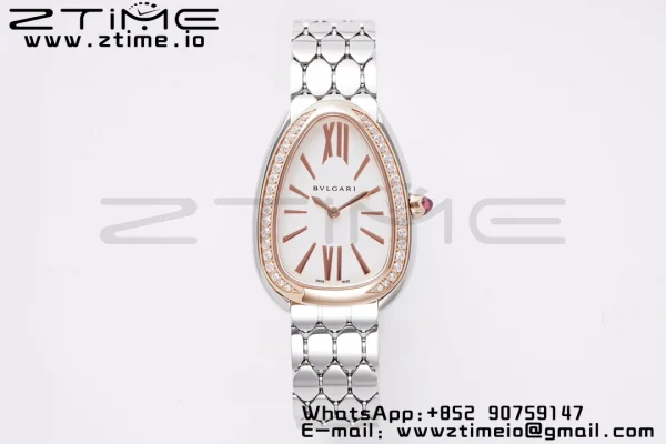 BVLGARI Serpenti Seduttori Watch 103143 SS BVF 1:1 Best Edition ホワイトダイヤル ダイヤモンド RGベゼル SSブレスレット ETAクォーツ - スーパークローン時計｜1:1ベストバージョン