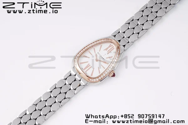 BVLGARI Serpenti Seduttori Watch 103143 SS BVF 1:1 Best Edition ホワイトダイヤル ダイヤモンド RGベゼル SSブレスレット ETAクォーツ - スーパークローン時計｜1:1ベストバージョン