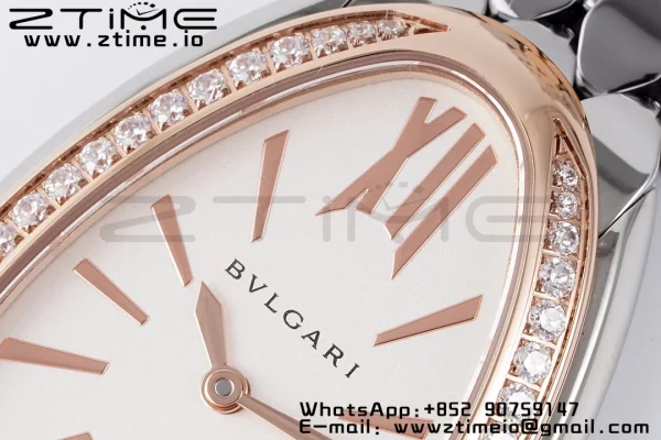 BVLGARI Serpenti Seduttori Watch 103143 SS BVF 1:1 Best Edition ホワイトダイヤル ダイヤモンド RGベゼル SSブレスレット ETAクォーツ - スーパークローン時計｜1:1ベストバージョン
