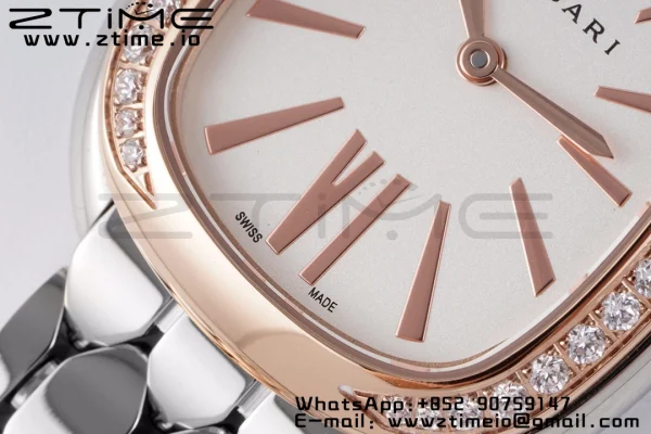 BVLGARI Serpenti Seduttori Watch 103143 SS BVF 1:1 Best Edition ホワイトダイヤル ダイヤモンド RGベゼル SSブレスレット ETAクォーツ - スーパークローン時計｜1:1ベストバージョン