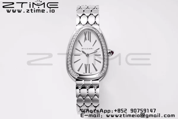BVLGARI Serpenti Seduttori Watch 103361 SS BVF 1:1 Best Edition Silver Markers On White Dial Diamonds Bezel on SS Bracelet ETA Quartz - Super Clone Watch | 1:1 Best Version