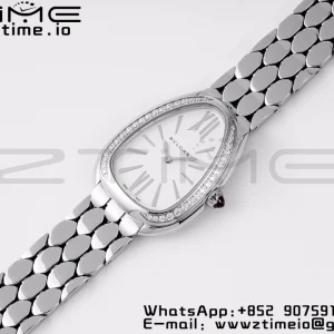 BVLGARI Serpenti Seduttori Watch 103361 SS BVF 1:1 Best Edition Silver Markers On White Dial Diamonds Bezel on SS Bracelet ETA Quartz - Super Clone Watch | 1:1 Best Version