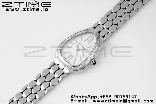 BVLGARI Serpenti Seduttori Watch 103361 SS BVF 1:1 Best Edition Silver Markers On White Dial Diamonds Bezel on SS Bracelet ETA Quartz - Super Clone Watch | 1:1 Best Version