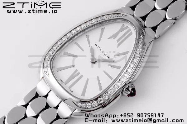 BVLGARI Serpenti Seduttori Watch 103361 SS BVF 1:1 Best Edition Silver Markers On White Dial Diamonds Bezel on SS Bracelet ETA Quartz - Super Clone Watch | 1:1 Best Version