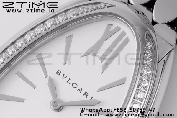 BVLGARI Serpenti Seduttori Watch 103361 SS BVF 1:1 Best Edition Silver Markers On White Dial Diamonds Bezel on SS Bracelet ETA Quartz - Super Clone Watch | 1:1 Best Version