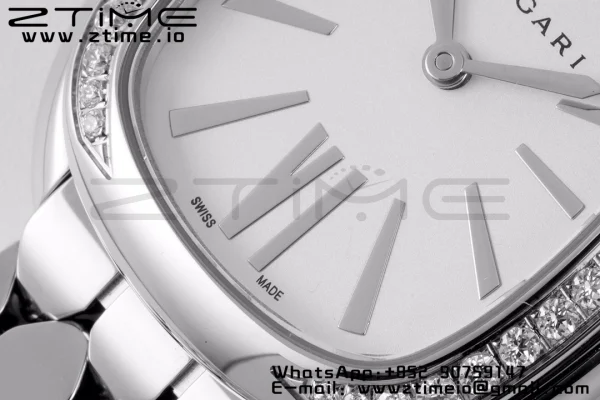 BVLGARI Serpenti Seduttori Watch 103361 SS BVF 1:1 Best Edition Silver Markers On White Dial Diamonds Bezel on SS Bracelet ETA Quartz - Super Clone Watch | 1:1 Best Version