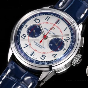 Breitling Premier Chrono AB0118221L1P1 SS 42mm BLSF 1:1 Best Edition με γκρι/μπλε καντράν και μπλε δερμάτινο λουράκι A7750 - Super Clone Watch | 1:1 Best Version