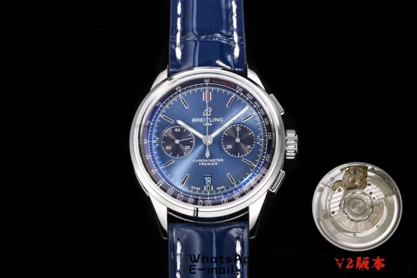 Breitling Premier Chrono AB0118A61C1X2 SS 42mm BLSF 1:1 Best Edition Black /Blue Dial on Blue Leather Strap A7750 - Super Clone Watch | 1:1 Best Version