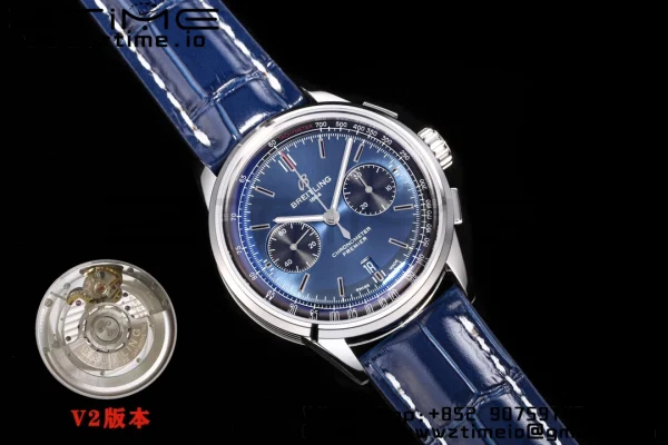 Breitling Premier Chrono AB0118A61C1X2 SS 42mm BLSF 1:1 Best Edition Black /Blue Dial on Blue Leather Strap A7750 - Super Clone Watch | 1:1 Best Version