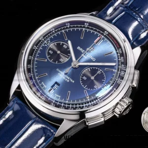 Breitling Premier Chrono AB0118A61C1X2 SS 42mm BLSF 1:1 Best Edition Black /Blue Dial on Blue Leather Strap A7750 - Super Clone Watch | 1:1 Best Version
