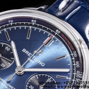 Breitling Premier Chrono AB0118A61C1X2 SS 42mm BLSF 1:1 Best Edition Black /Blue Dial on Blue Leather Strap A7750 - Super Clone Watch | 1:1 Best Version