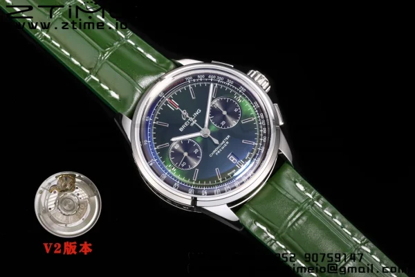 Breitling Premier Chrono AB0118A71G1P2 SS 42mm BLSF 1:1 Best Edition Green/Black Dial on Green Leather Strap A7750 - Super Clone Watch | 1:1 Best Version