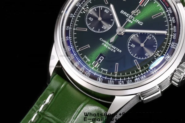 Breitling Premier Chrono AB0118A71G1P2 SS 42mm BLSF 1:1 Best Edition Green/Black Dial on Green Leather Strap A7750 - Super Clone Watch | 1:1 Best Version