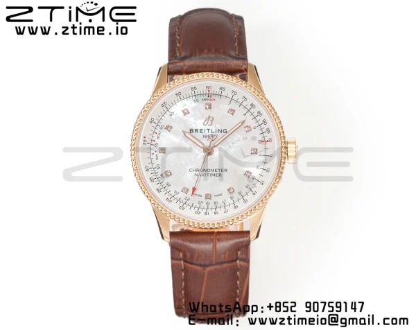 Breitling Navitimer 1 RG 35mm BLS 1:1 Best Edition MOP Diamond Dial on Brown Leather Strap A2824 - Super Clone Watch | 1:1 Best Version