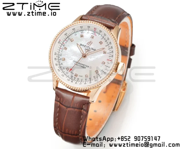 Breitling Navitimer 1 RG 35mm BLS 1:1 Best Edition MOP Diamond Dial on Brown Leather Strap A2824 - Super Clone Watch | 1:1 Best Version