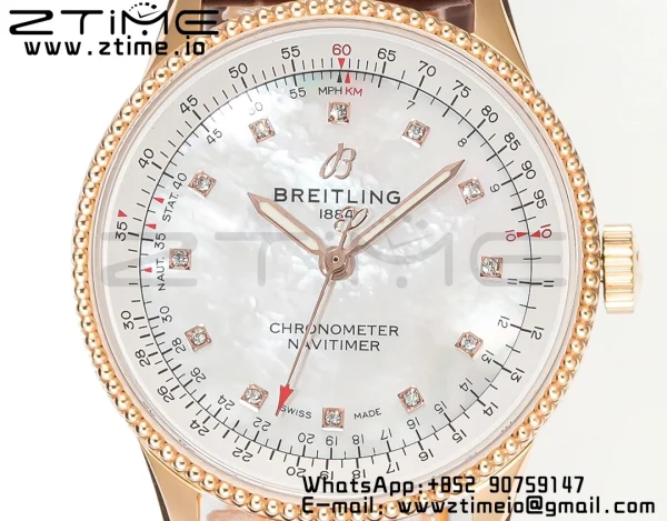 Breitling Navitimer 1 RG 35mm BLS 1:1 Best Edition MOP Diamond Dial on Brown Leather Strap A2824 - Super Clone Watch | 1:1 Best Version