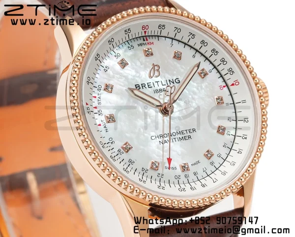 Breitling Navitimer 1 RG 35mm BLS 1:1 Best Edition MOP Diamond Dial on Brown Leather Strap A2824 - Super Clone Watch | 1:1 Best Version
