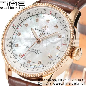 Breitling Navitimer 1 RG 35mm BLS 1:1 Best Edition MOP Diamond Dial on Brown Leather Strap A2824 - Super Clone Watch | 1:1 Best Version